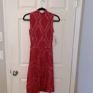 New w/Tag ~Nanette Lepore Red Dress Size 2 in Knee Length. Smocked Neck & Waist